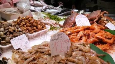 西班牙波奎利亚鱼市海鲜螃蟹龙虾鱿鱼虾小龙虾蚝蚌贝壳